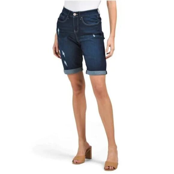 New Royalty High Rise Roll Cuff Destructed Denim Slim Bermuda Jean Shorts - Picture 2 of 6